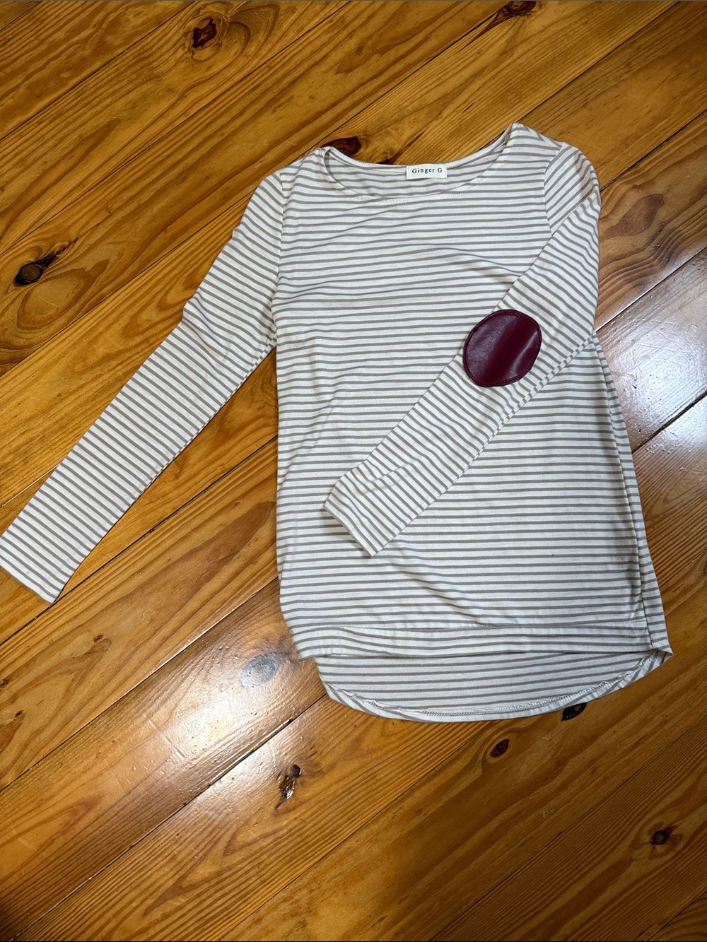 Ginger G Cream & Tan Striped Long Sleeve Top with Burgundy Elbow Patch